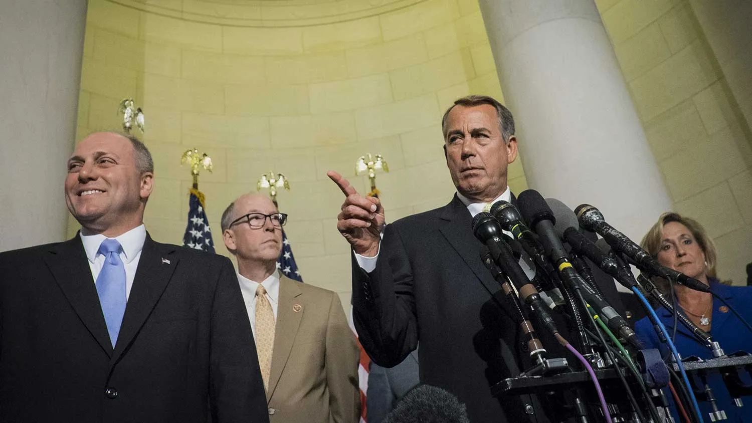 U.S. House Speaker John Boehner, a Republican from Ohio, second right, speaks during a news conference with Representative Steve Scalise, a Republican from Louisiana, left, following a House leadership election on Capitol Hill in Washington, D.C., U.S., on Thursday, June 19, 2014.
