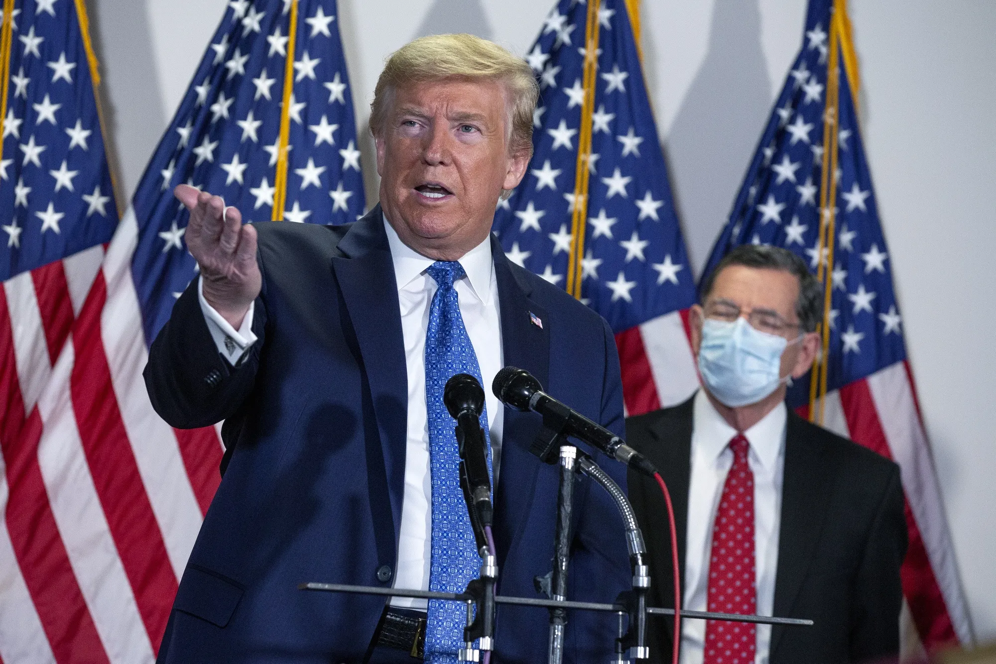 Donald Trump speaks to members of the media following the weekly Senate Republican caucus luncheon at the Hart Senate Office Building in Washington, D.C., on May 19.