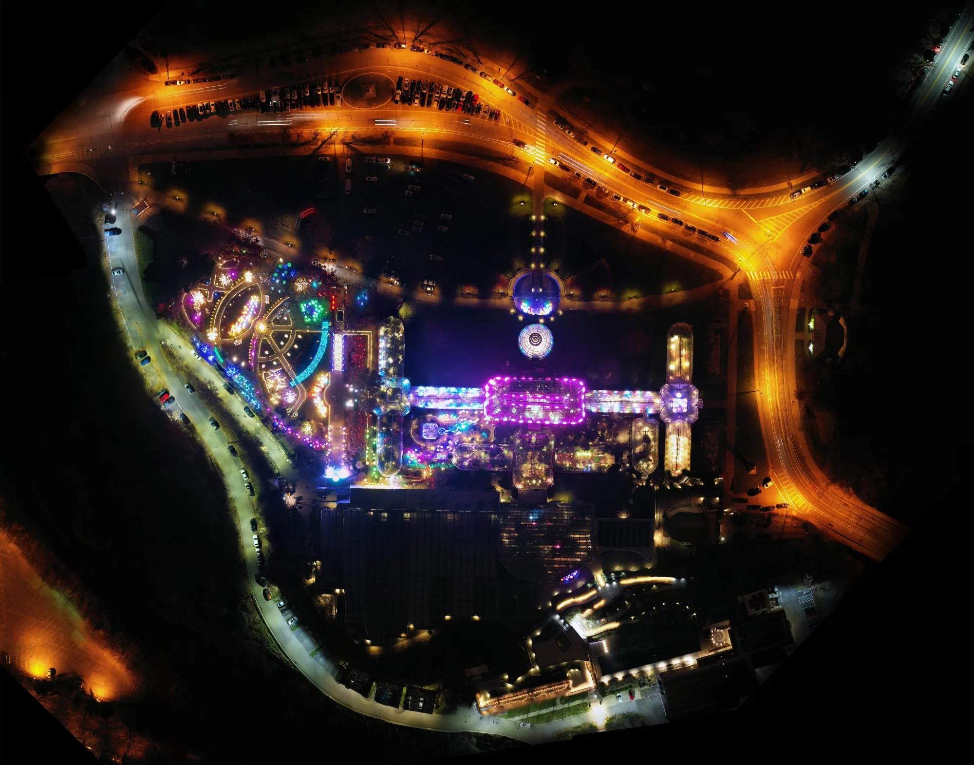 An aerial view of the Phipps Conservatory and Botanical Gardens in Pittsburgh during a holiday event in December 2019.&nbsp;