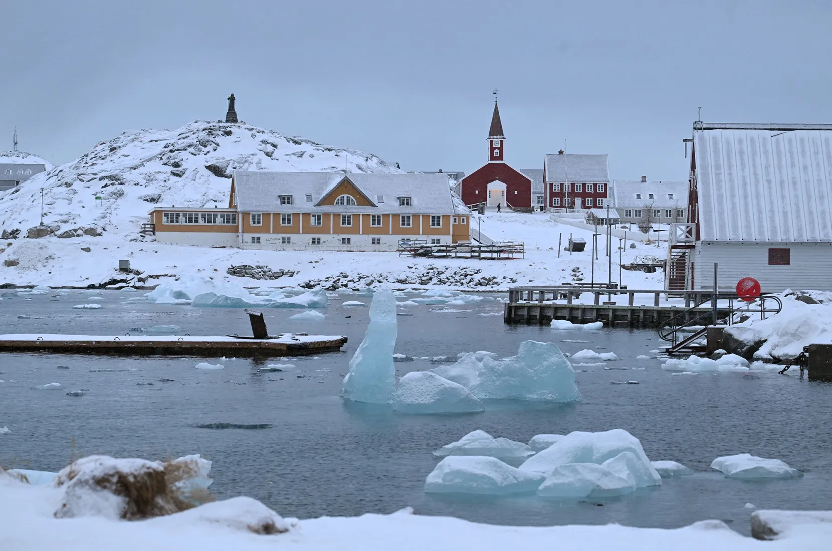 Floating ice&nbsp;in front of residential buildings in Nuuk, Greenland on Feb. 4.&nbsp;