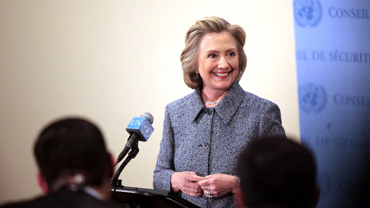 Former United States Secretary of State Hillary Clinton answers media questions after keynoting a Women's Empowerment Event at the United Nations on March 10, 2015 in New York City. Clinton answered questions about recent allegations of an improperly used email account during her tenure as Secretary of State.
