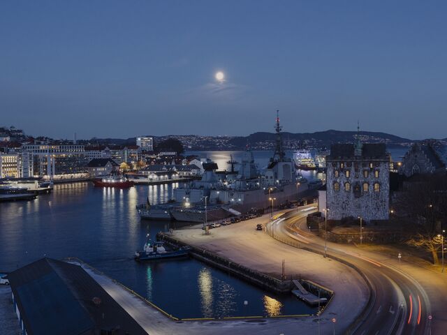 The Norwegian port of Bergen Port before Spanish and German Warships leave harbor for NATO's Operation Dolphin in February.