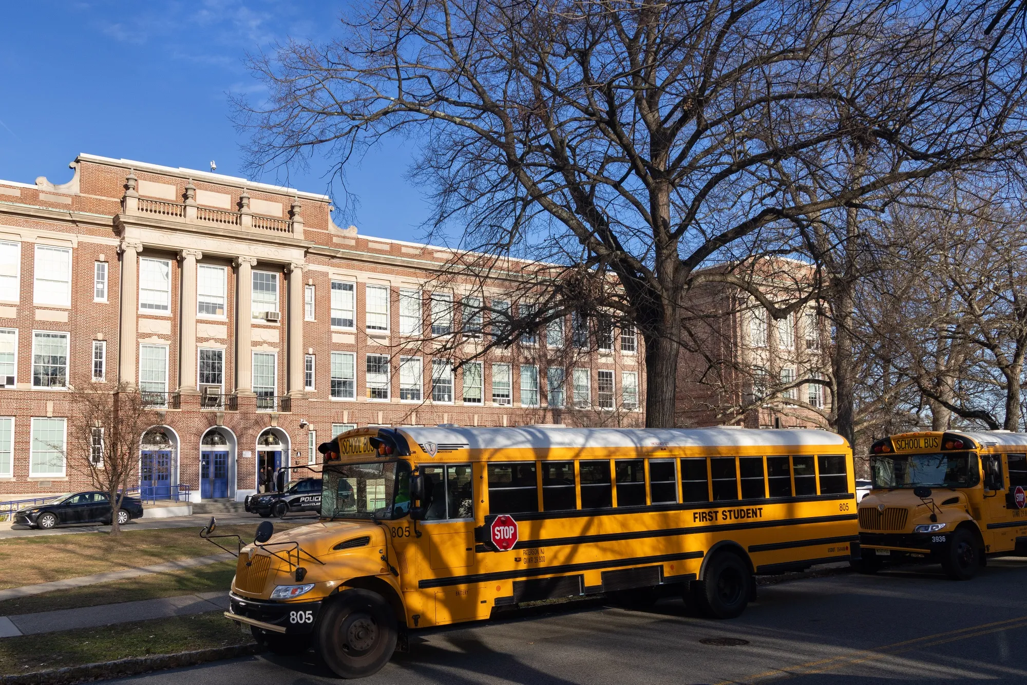 School buses outside Montclair High School in Montclair, New Jersey.