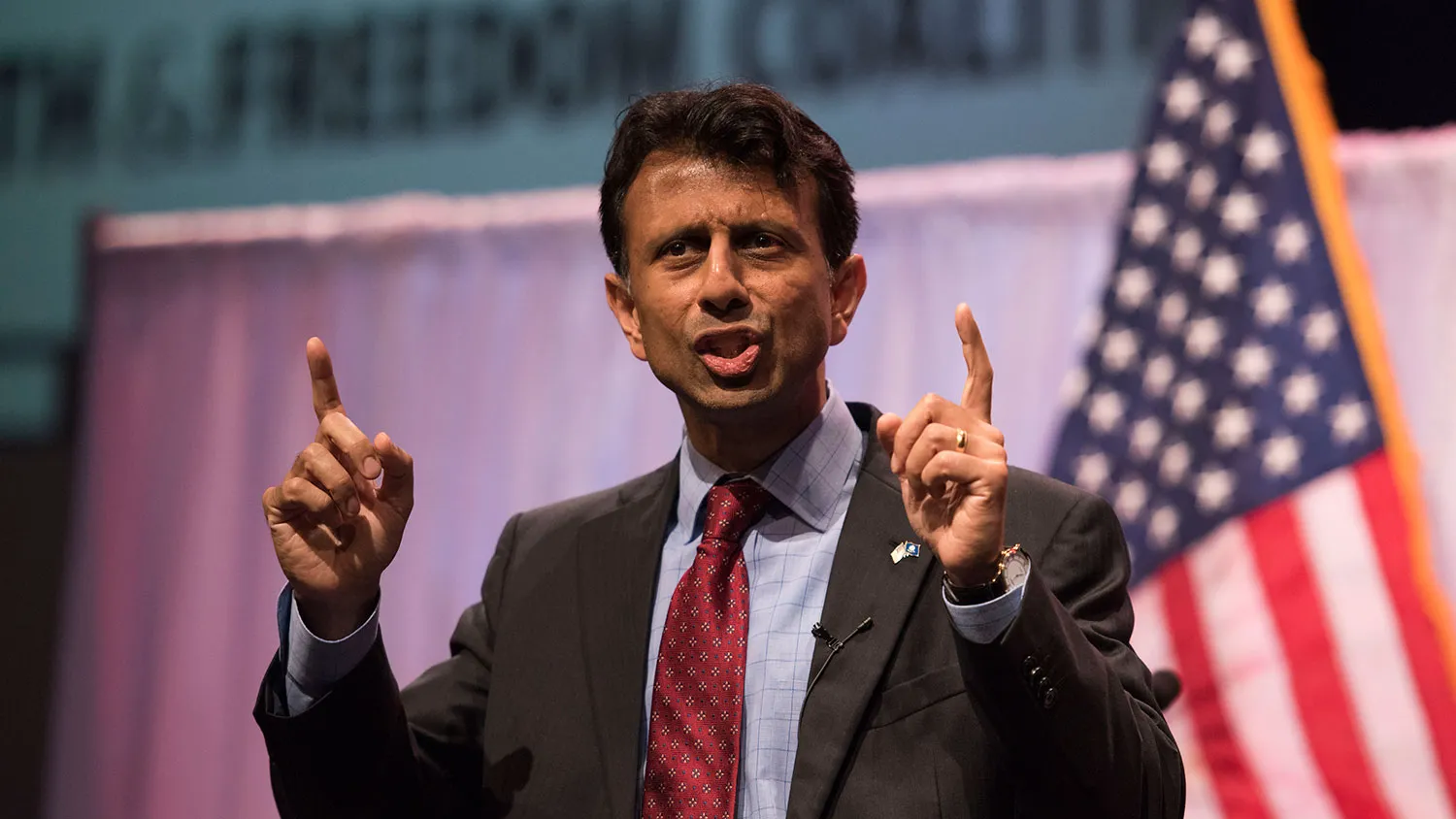 Bobby Jindal, Republican governor of Louisiana, speaks during the Iowa Faith &amp; Freedom Coalition presidential forum at Point of Grace Church in Waukee, Iowa, U.S., on Saturday, April 25, 2015.
