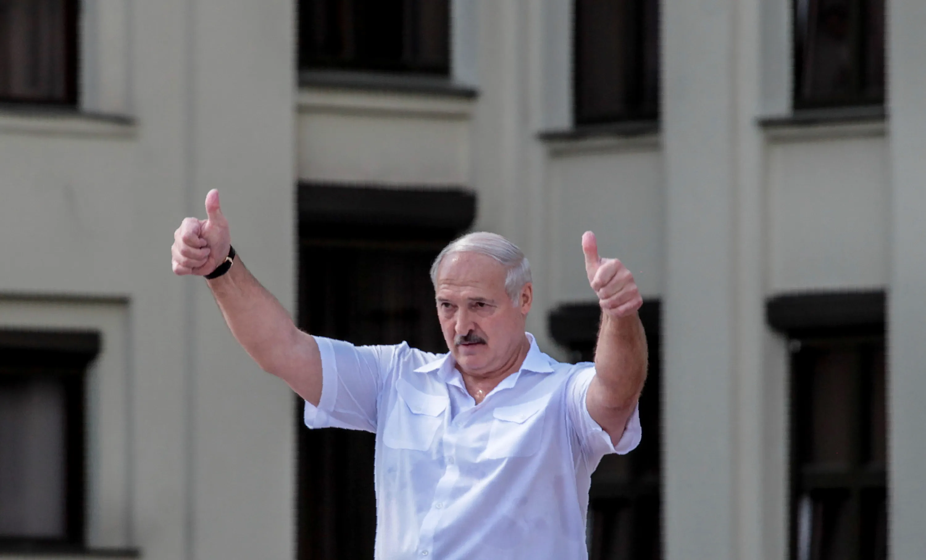 Alexander Lukashenko gestures during a rally in Minsk, on Aug. 16.