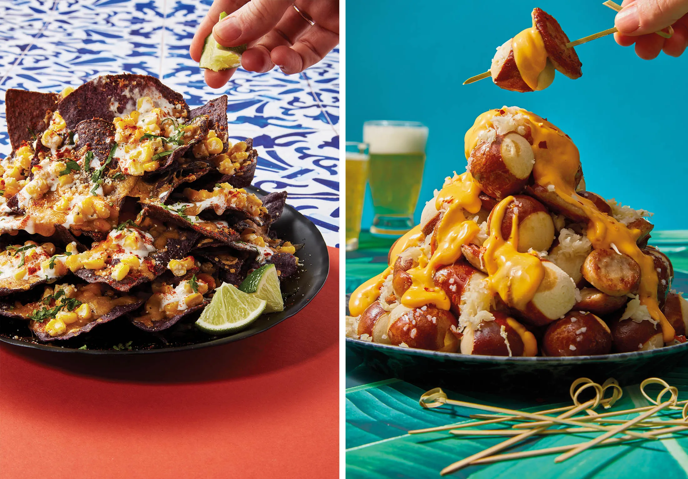 Street corn nachos (left) and pretzel bratchos.