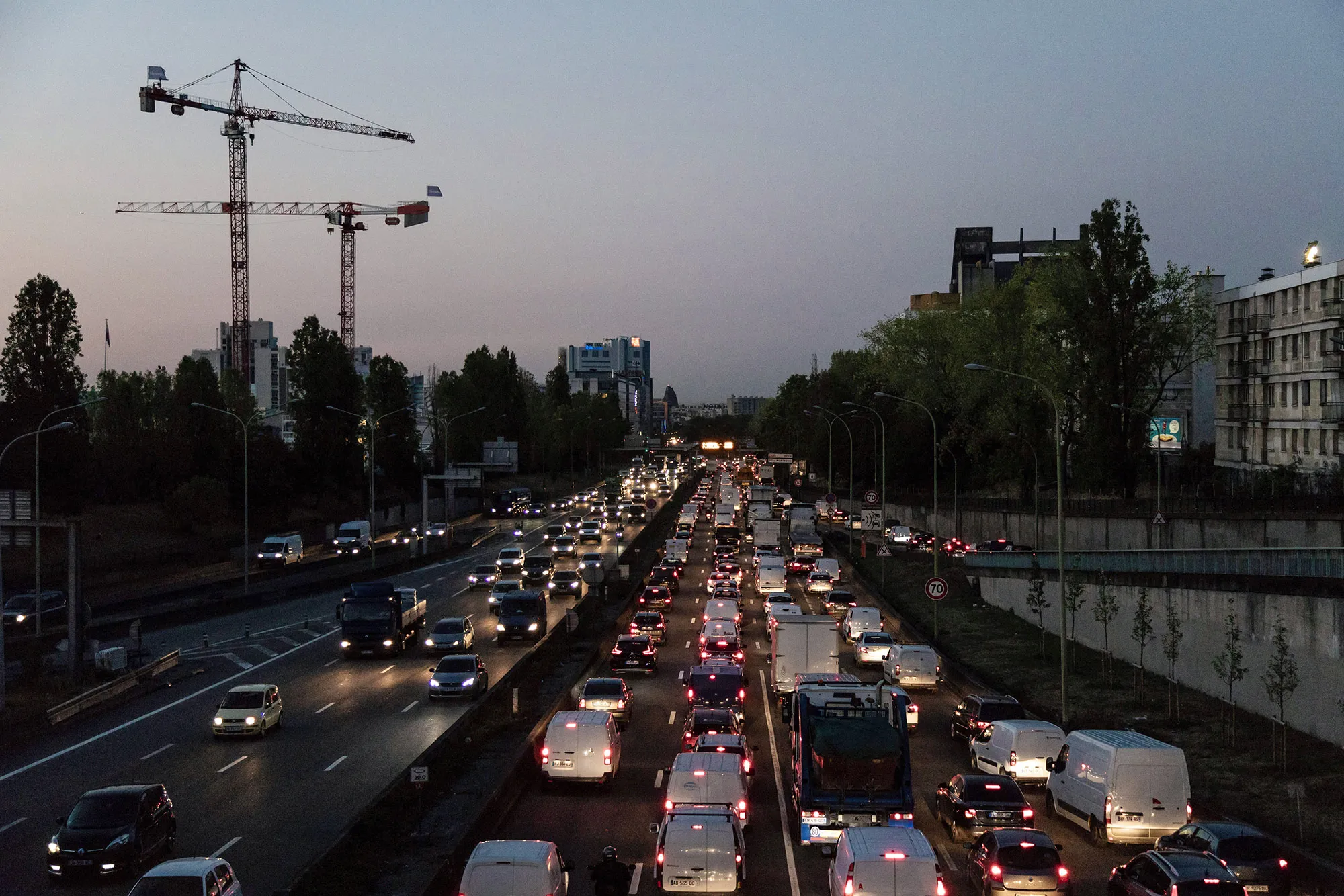 Morning rush hour traffic jam at Porte de Bagnolet, in Paris.