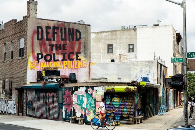 “Defund the police” graffiti at Central Avenue and DeKalb Avenue, Brooklyn