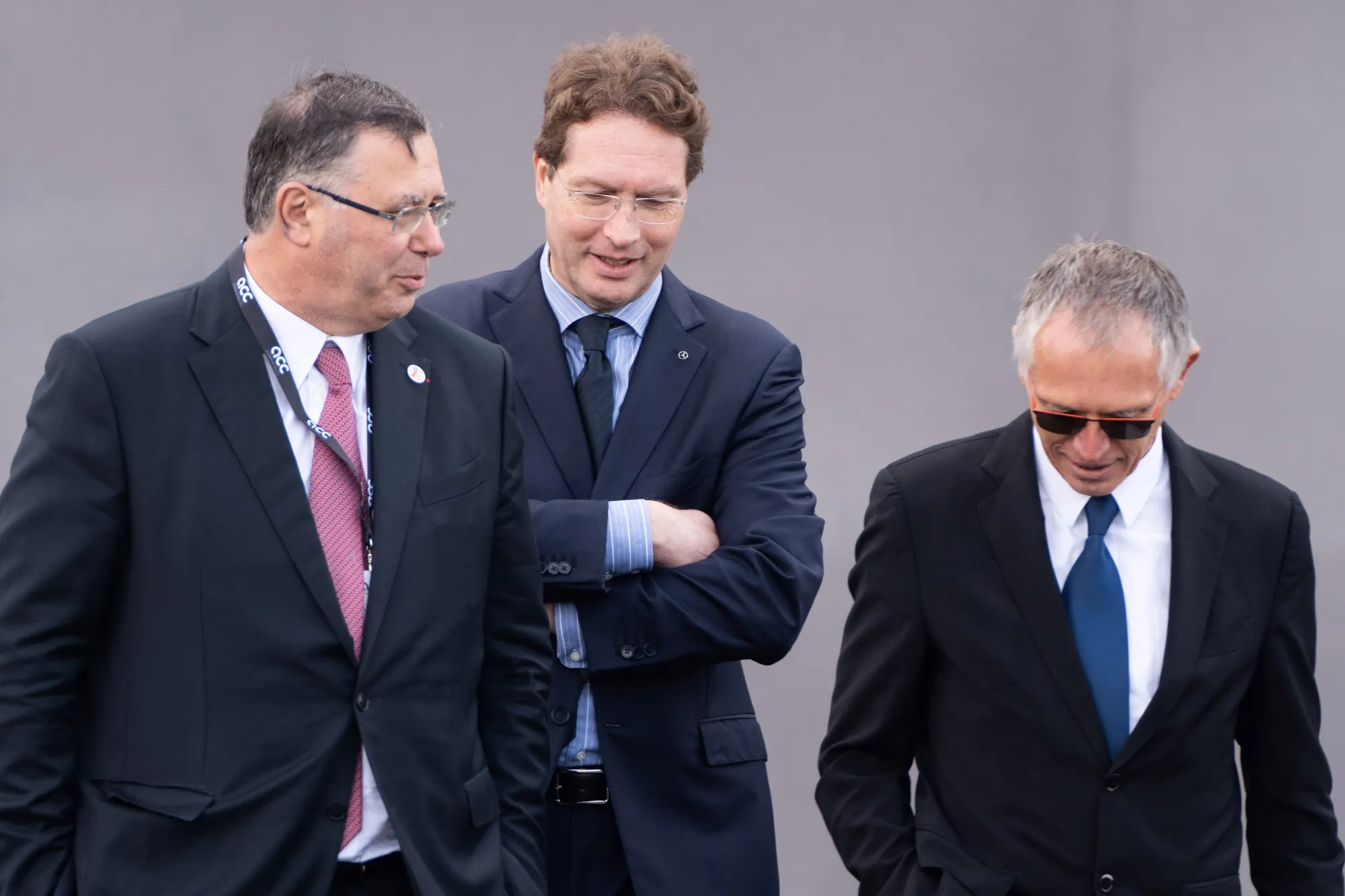 Mercedes-Benz CEO&nbsp;Ola Källenius, center, and Stellantis CEO&nbsp;Carlos Tavares, right, walk and talk with&nbsp;TotalEnergies CEO&nbsp;Patrick Pouyanne ahead of the inauguration of the Automotive Cells Company battery factory in Douvrin, France.