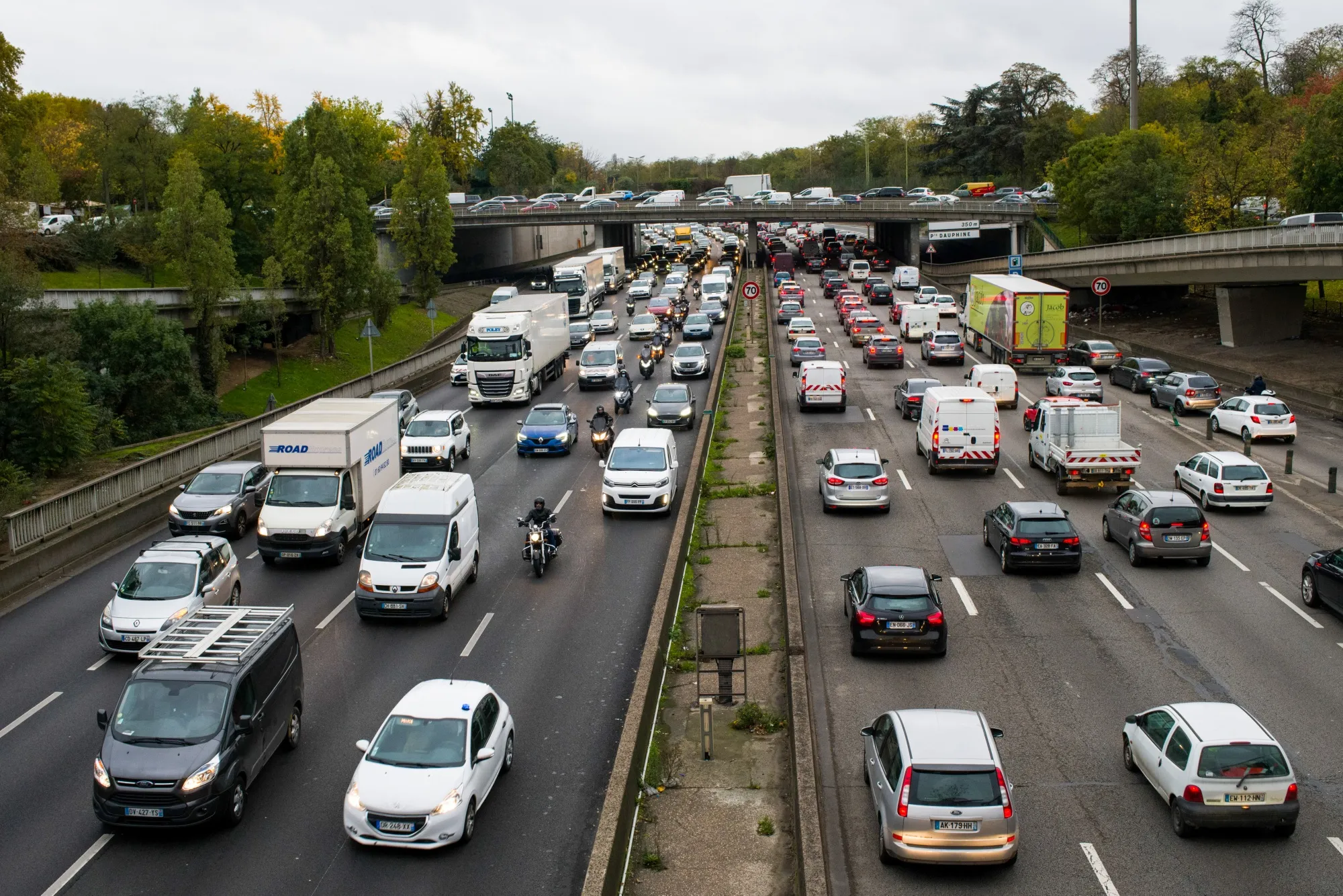 Traffic on a freeway around Paris, France.