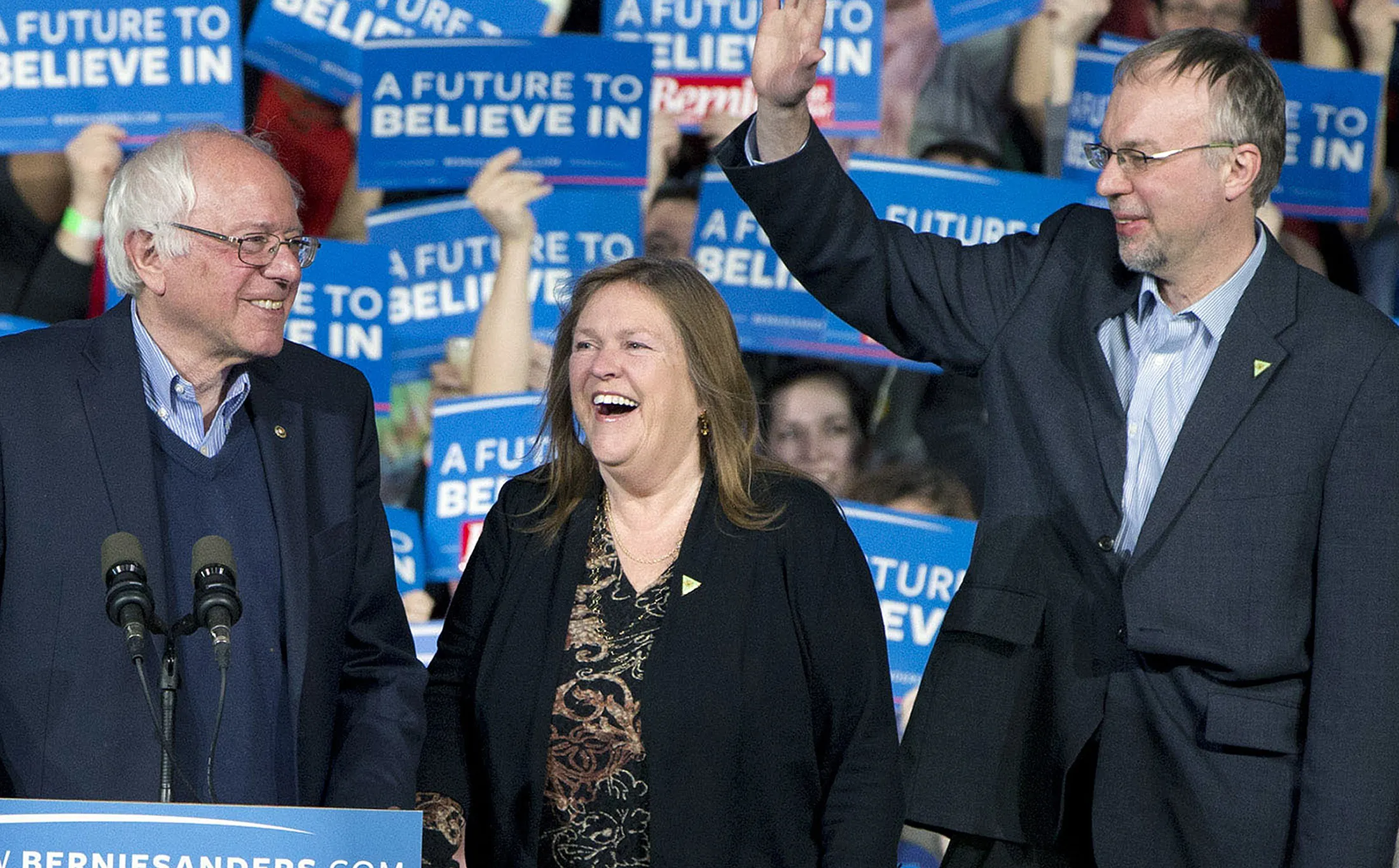 Bernie Sanders, his wife Jane Sanders, and his son Levi Sanders at a&nbsp;rally in Essex Junction, Vermont, on March 1, 2016.