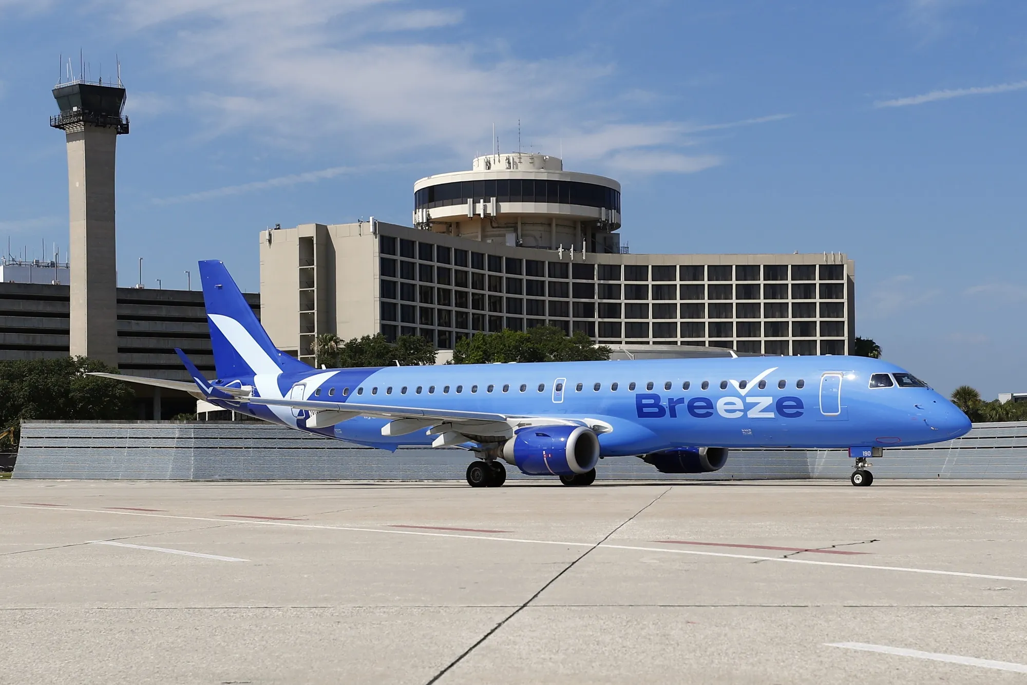 A Breeze Airways airplane on the tarmac at Tampa International Airport (TPA) in Tampa, Florida.