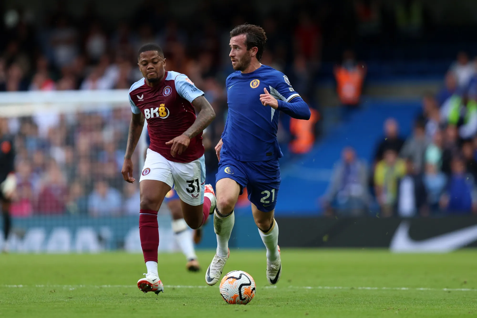 Ben Chillwell of Chelsea in action against Aston Villa.