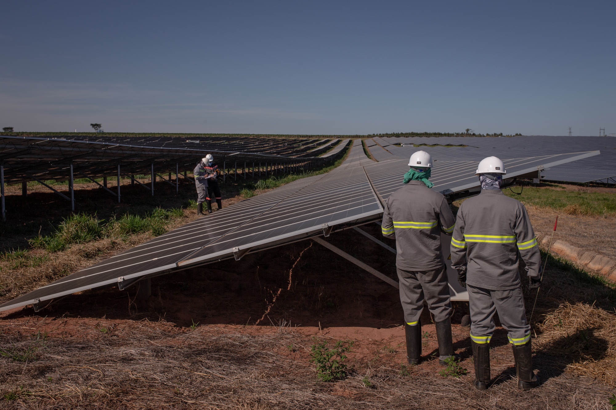Contractors work on a solar farm in Sao Paulo, Brazil.&nbsp;