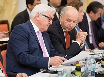 German Foreign Minister Frank-Walter Steinmeier (L) and Laurent Fabius, (R ) Foreign Minister of France, during the nuclear talks between the E3+3 (France, Germany, UK, China, Russia, US) and Iran in Vienna, Austria on July 13, 2015.
