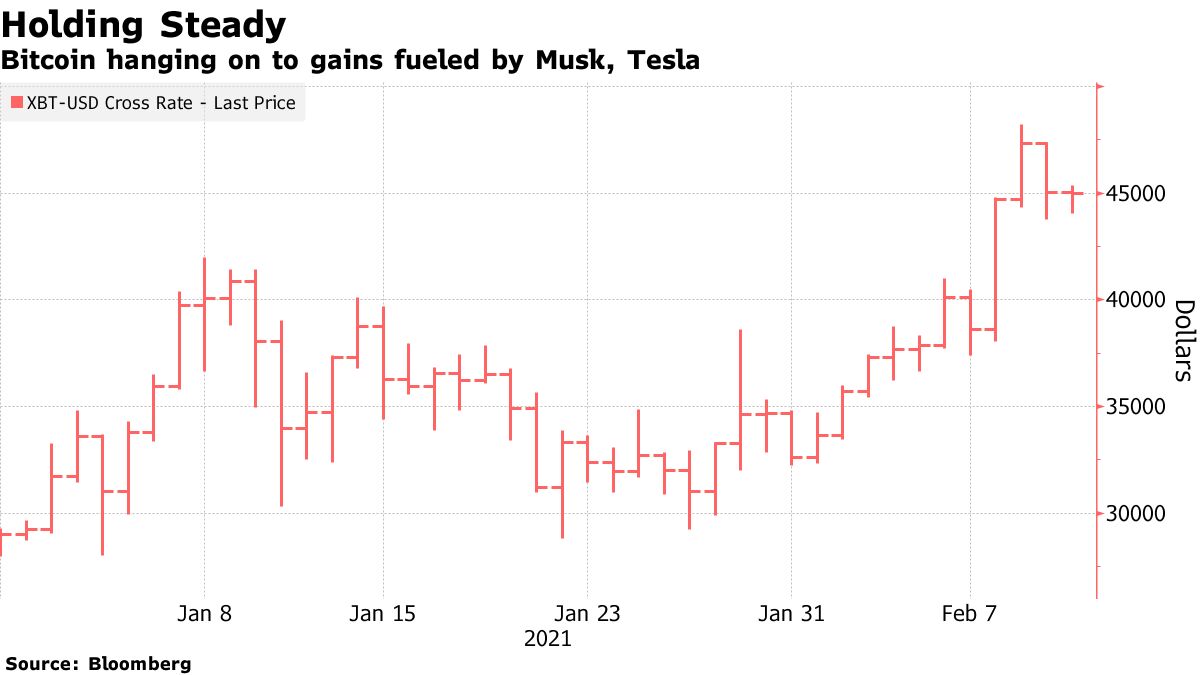 Bitcoin hanging on to gains fueled by Musk, Tesla