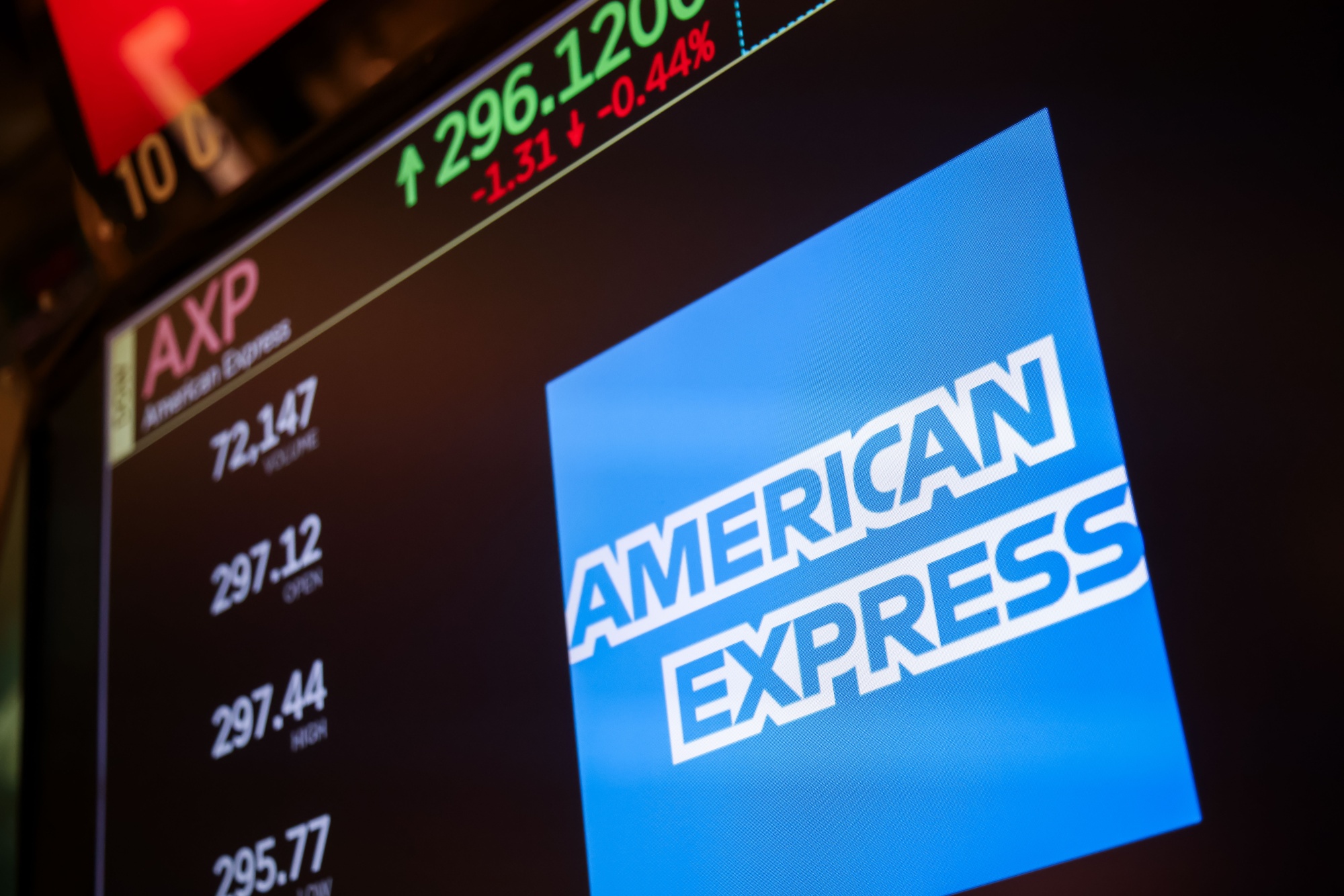 American Express Co. signage on the floor at the New York Stock Exchange (NYSE) in New York, US, on Monday, Aug. 11, 2025. Wall Street traders bracing for key inflation data left stocks hovering near all-time highs, with bonds and the dollar edging up. Photographer: Michael Nagle/Bloomberg