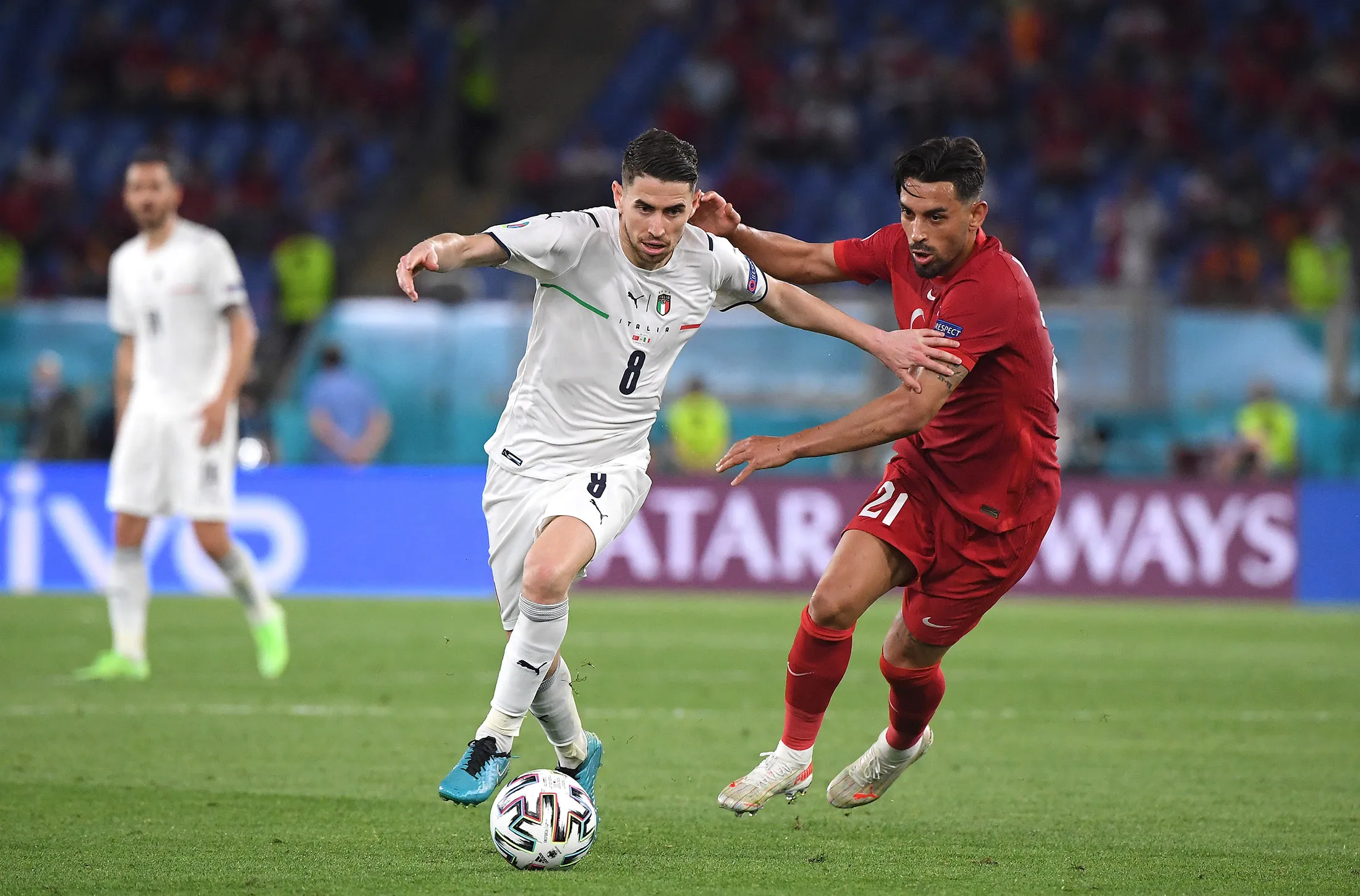 Jorginho of Italy is closed down by Irfan Can Kahveci of Turkey during the UEFA Euro 2020 Championship Group A match at the Stadio Olimpico on June 11.