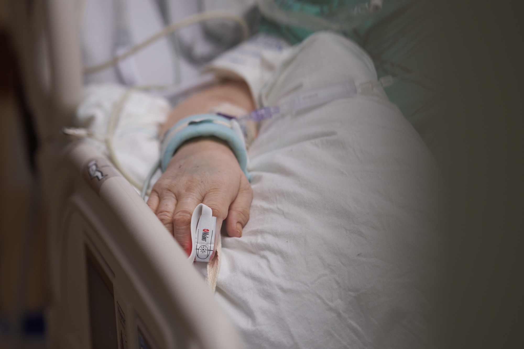 A Covid-19 patient on the Intensive Care Unit floor of a hospital in Connecticut, US.