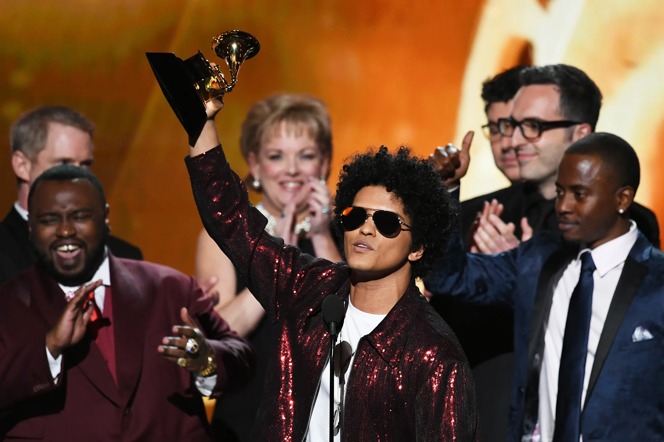 Bruno Mars accepts Album of the Year for ’24K Magic’ during the 60th Annual Grammy Awards on Jan. 28.