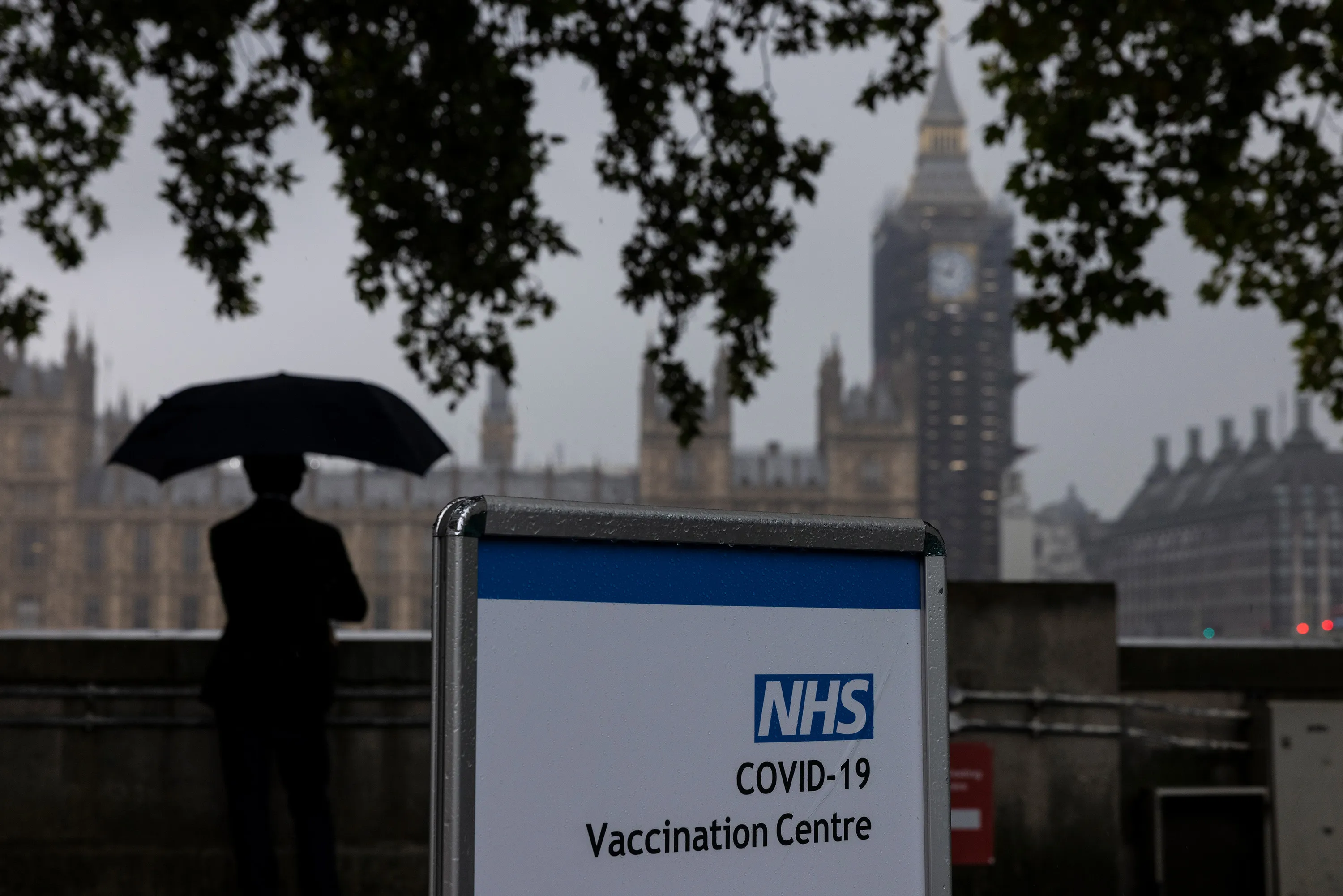 A Covid-19 vaccination centre sign&nbsp;at St Thomas' hospital opposite Westminster, in London.