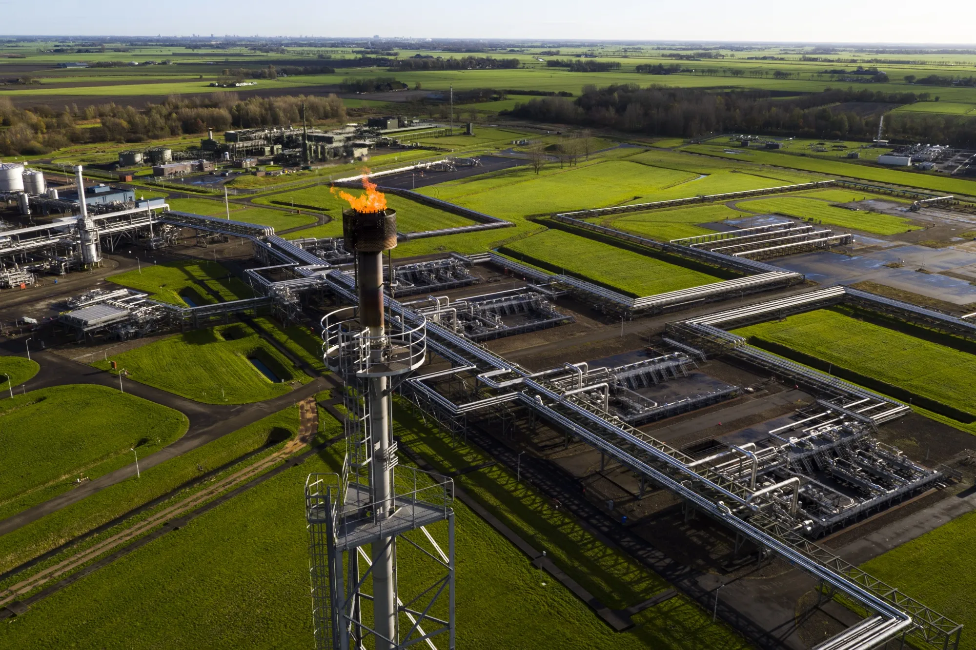 A natural gas extraction plant and pipework above ground in Groningen, Netherlands.&nbsp;