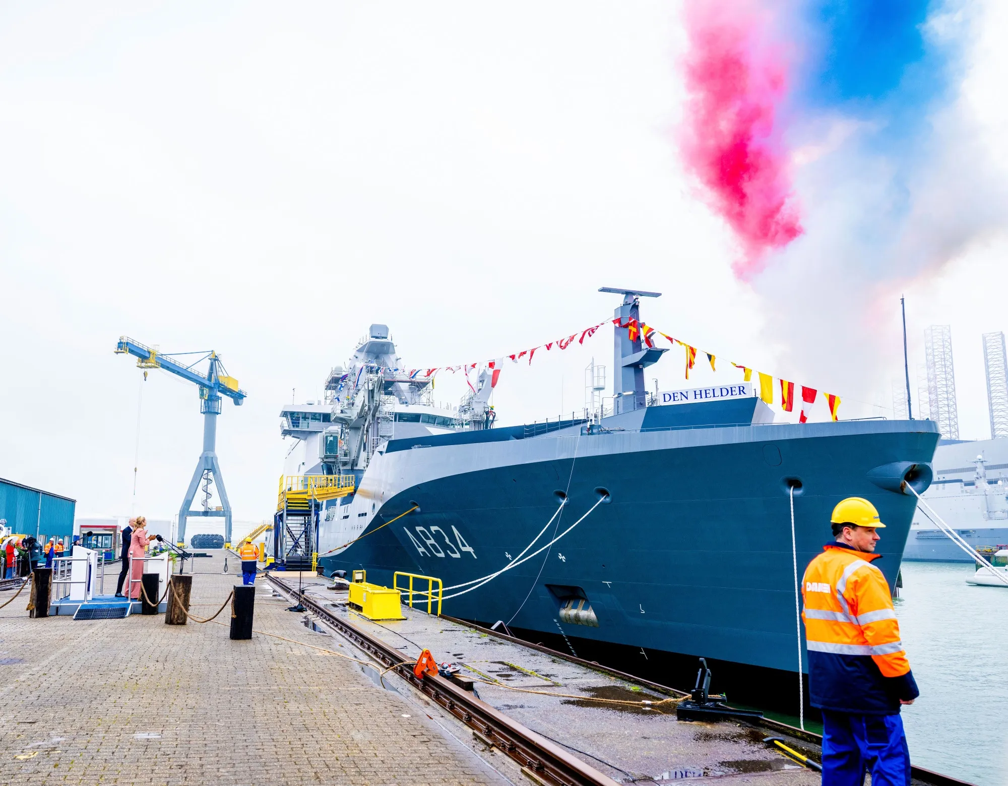 Dutch Crown Princess Amalia at the christening of the combat support ship Den Helder in Vlissingen, Netherlands.