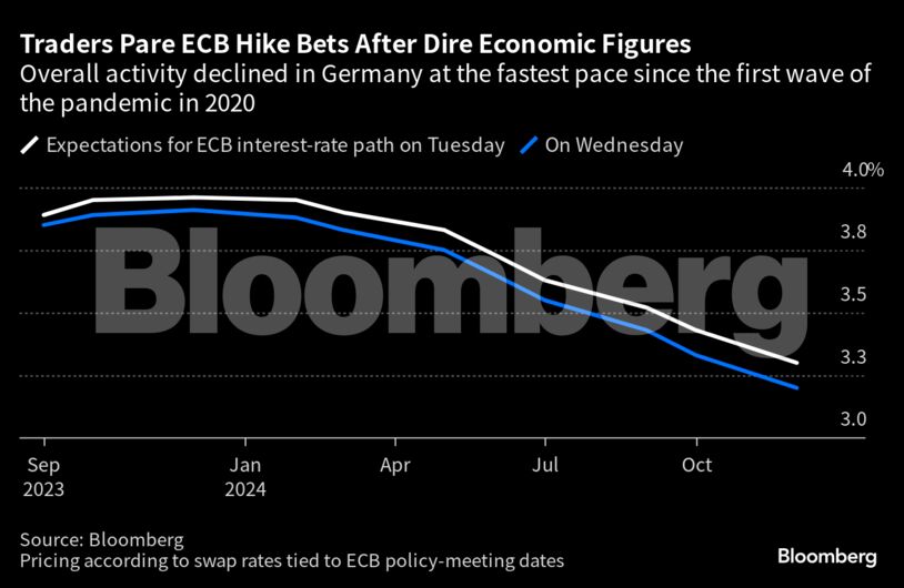 Traders Pare ECB Hike Bets After Dire Economic Figures | Overall activity declined in Germany at the fastest pace since the first wave of the pandemic in 2020