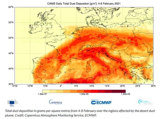 Plume of Saharan Dust Makes Europe Look Like the Red Planet