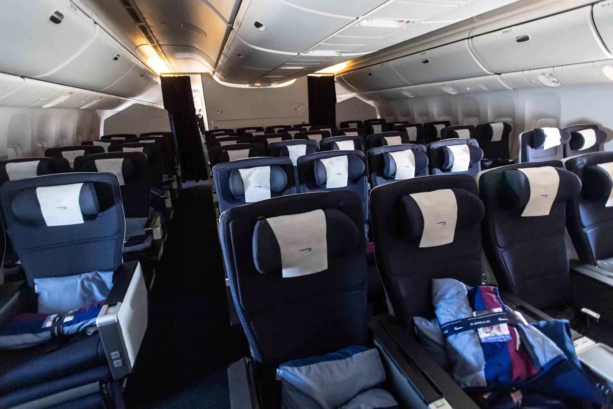 Empty passenger seats sit in the Business Class cabin on board a British Airways flight from London to Hong Kong, on&nbsp; May 13.