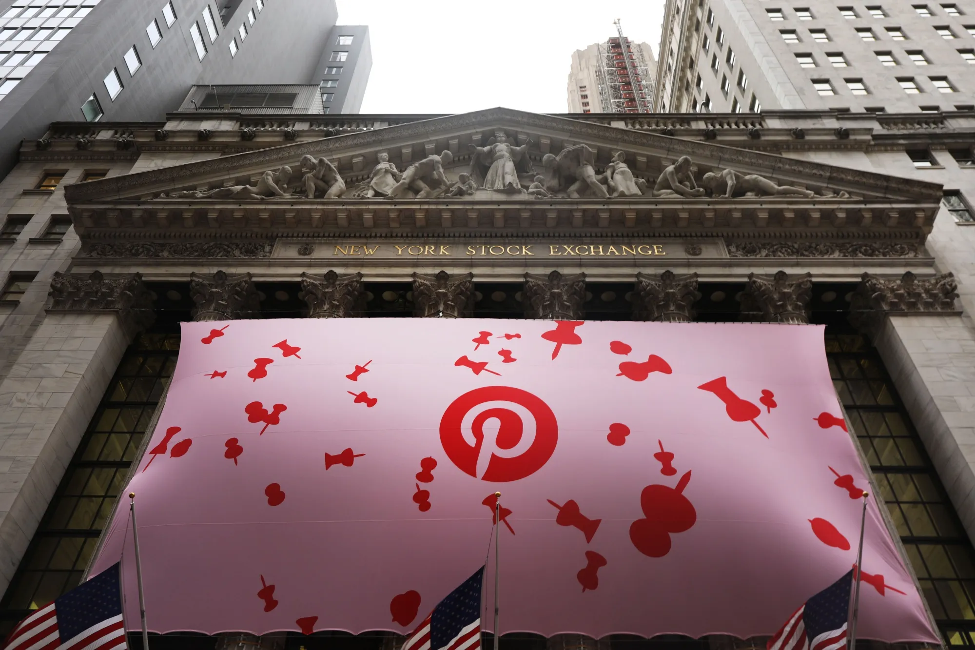 A banner for Pinterest on the New York Stock Exchange.