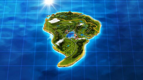 An aerial view of Jurassic World, on the fictional Isla Nublar, 120 miles off the coast of Costa Rica. Source: JurassicWorld.com via Bloomberg