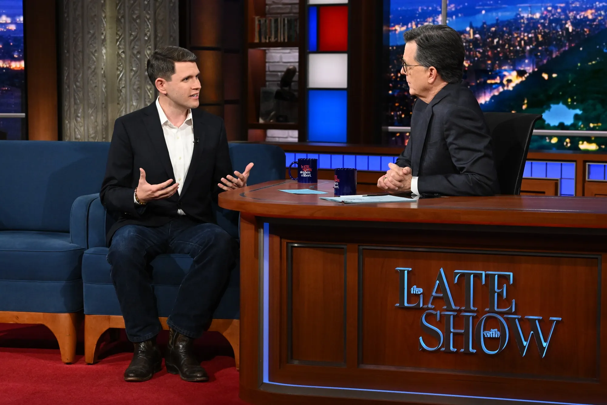 Rep. James Talarico and Stephen Colbert on The Late Show with Stephen Colbert.