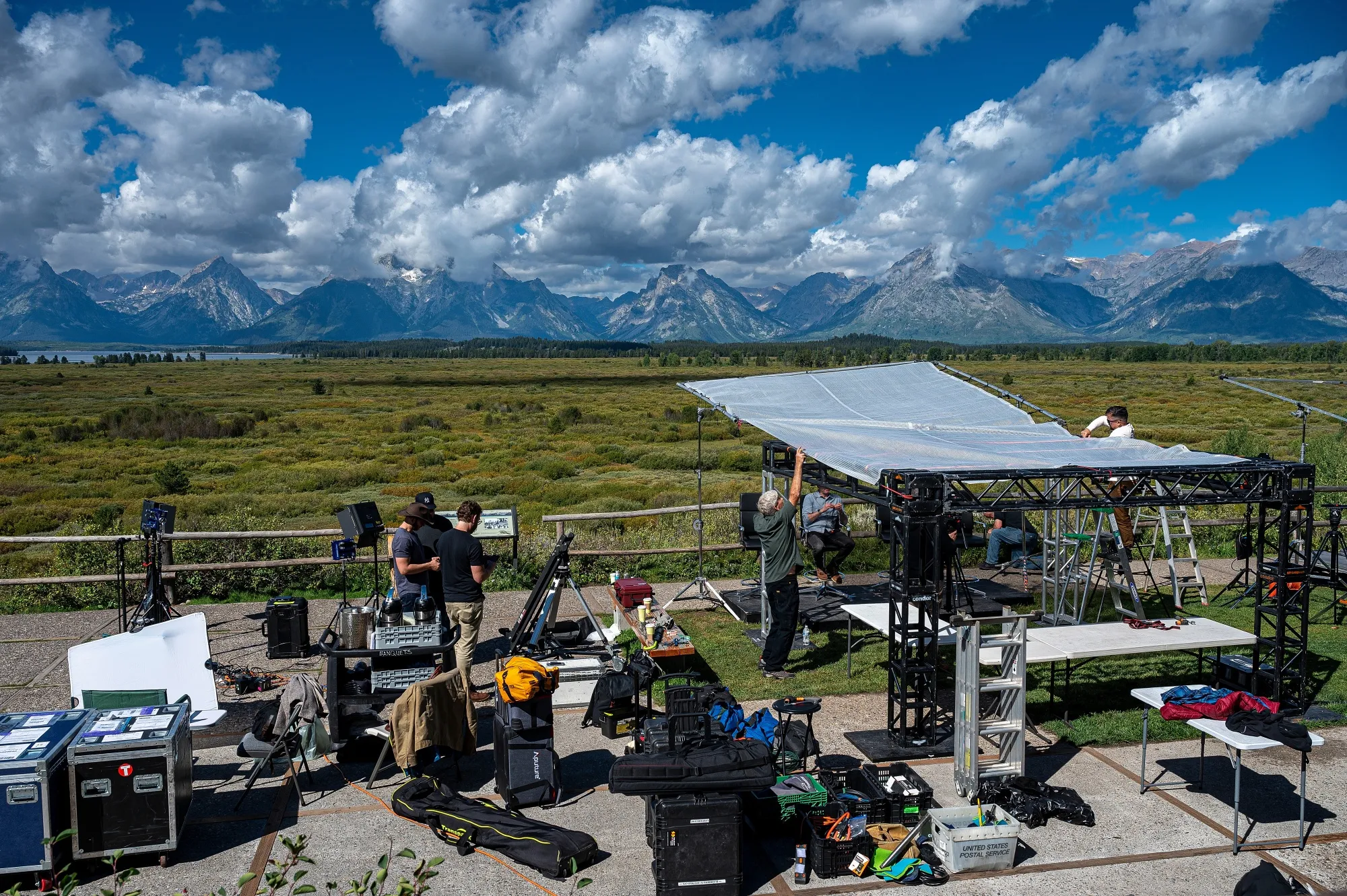 Television crews set up outside the Jackson Lake Lodge in Wyoming.