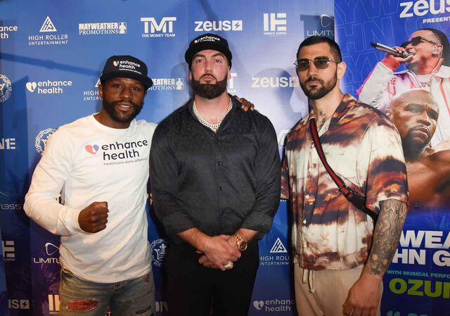 Floyd Mayweather, from left. Money Matt, and John Gotti 111. Floyd Mayweather v John Gotti III 'Last Names Matter' Press Conference, Miami, USA, April 27, 2023.