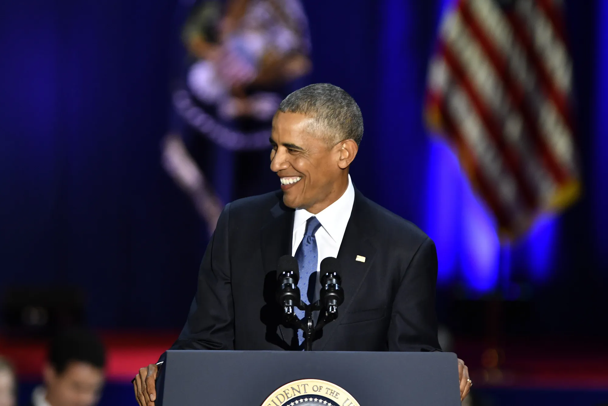 President Barack Obama smiles during his farewell address in Chicago on Jan. 10, 2017.&nbsp;