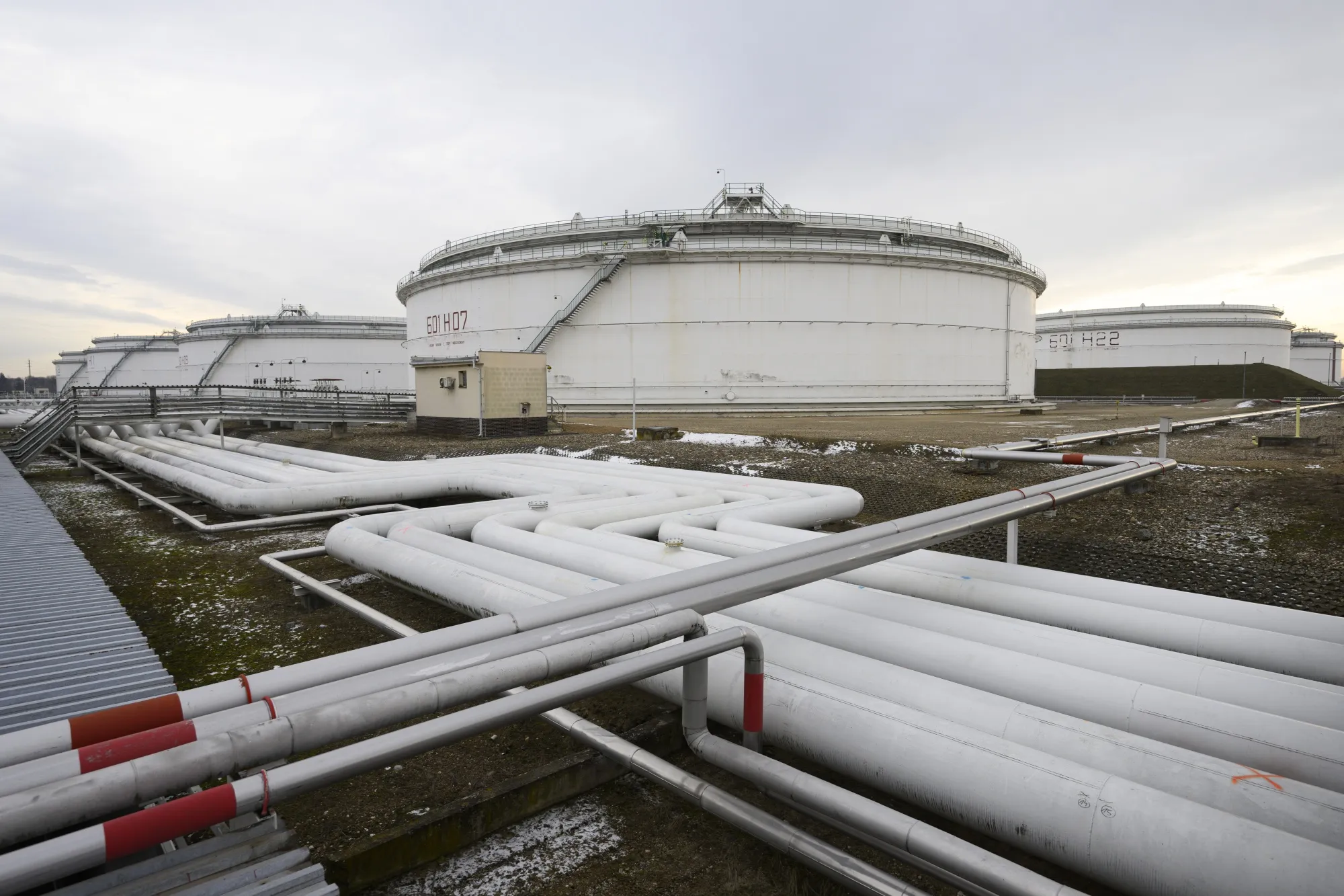 Oil pipes at an oil tank farm along the Druzhba pipeline near Nelahozeves, Czech Republic.