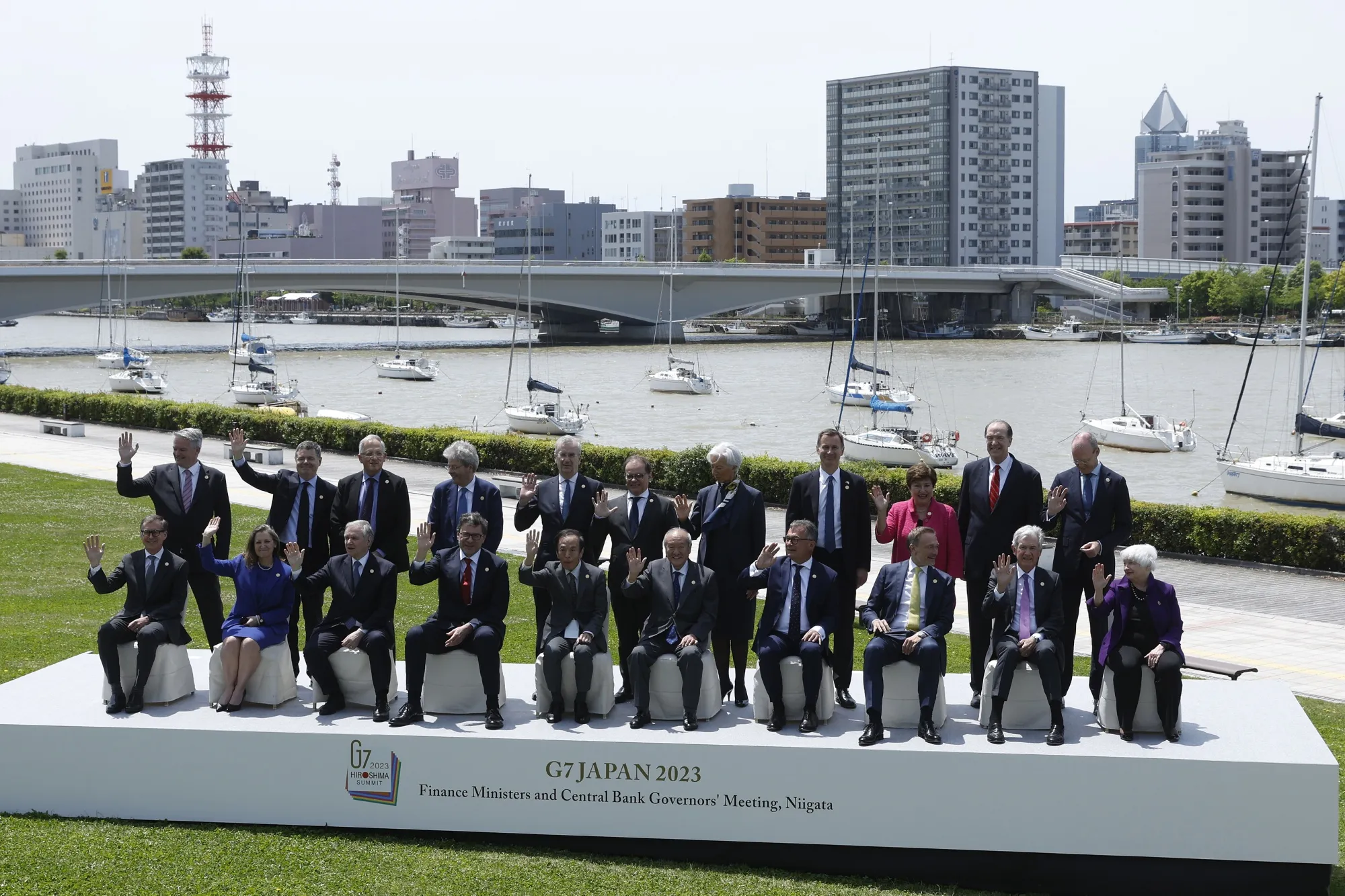 Group of Seven finance ministers and central bank governors during a family photo session at their meeting in Niigata, Japan