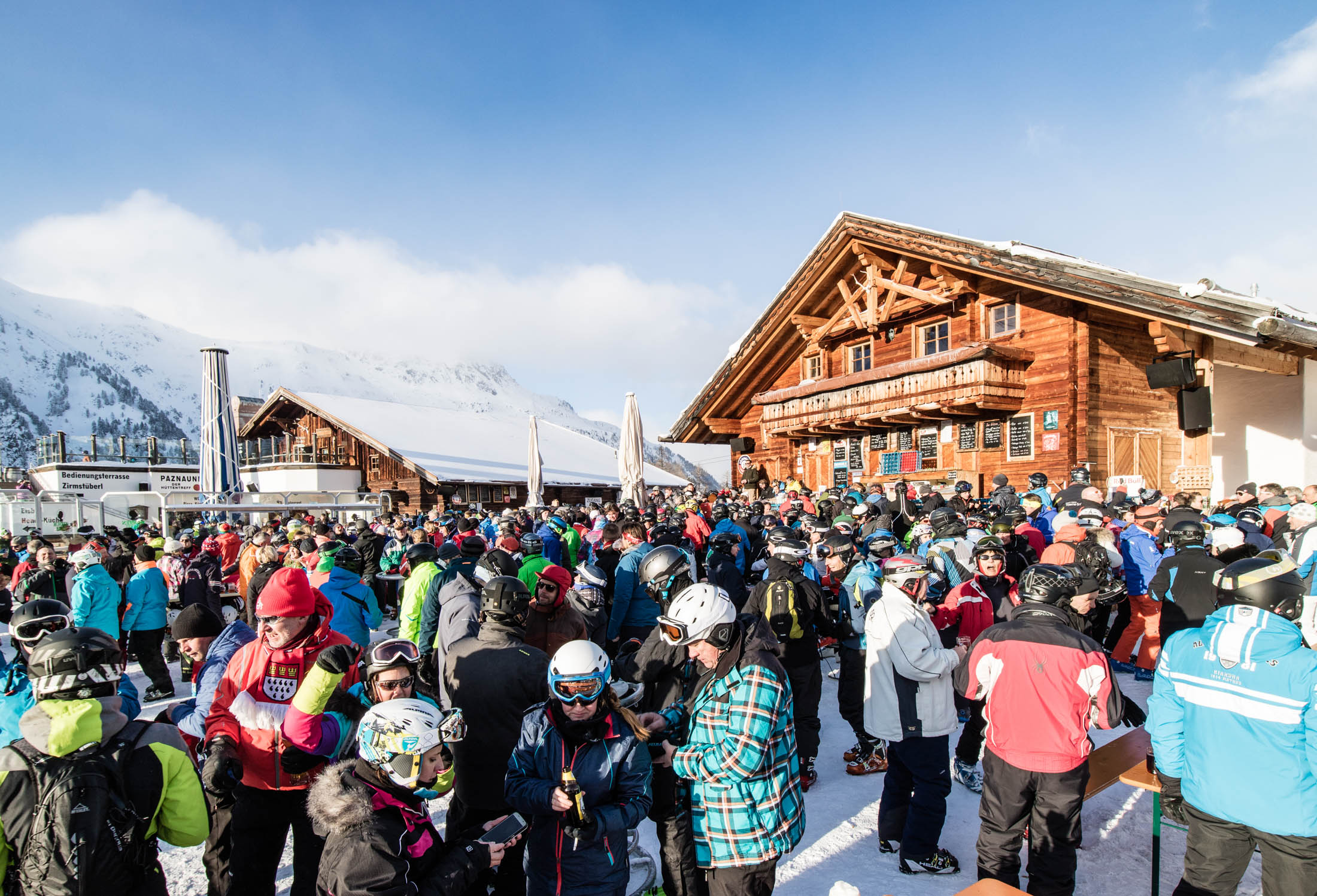 The typical après-ski scene at the Paznauner Taja restaurant in Ischgl.