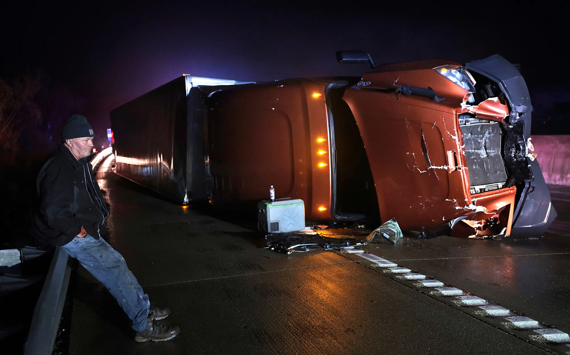 A tractor-trailer after it overturned during high winds at Villa Ridge.
