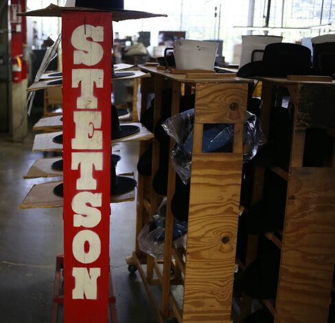 Stetson brand hats await finishing touches before shipment to retailers from Hatco's manufacturing facility in Garland, Tex.