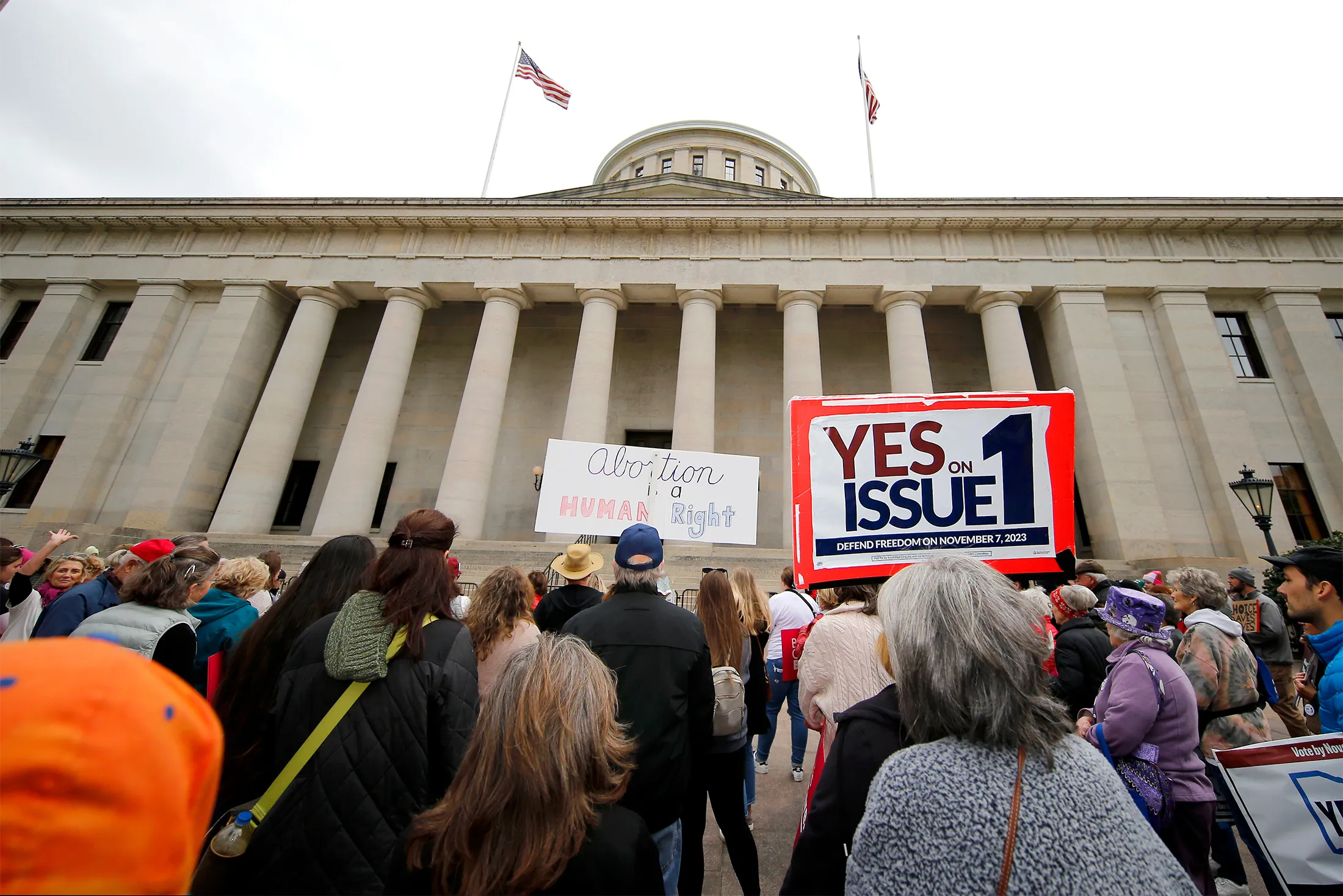 Supporters of Issue 1 attend a rally for the Right to Reproductive Freedom amendment at the Ohio State House in Columbus, Ohio, on Oct. 8.
