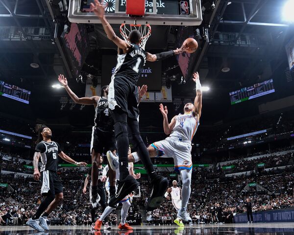 Victor Wembanyama, of the San Antonio Spurs, blocks a shot during the NBA Western Conference Finals.