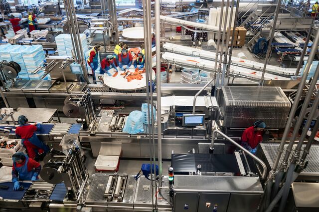 Workers process salmon at the SalMar plant. The company employs around 3,600 people, roughly a fourth of whom are from Froya. 