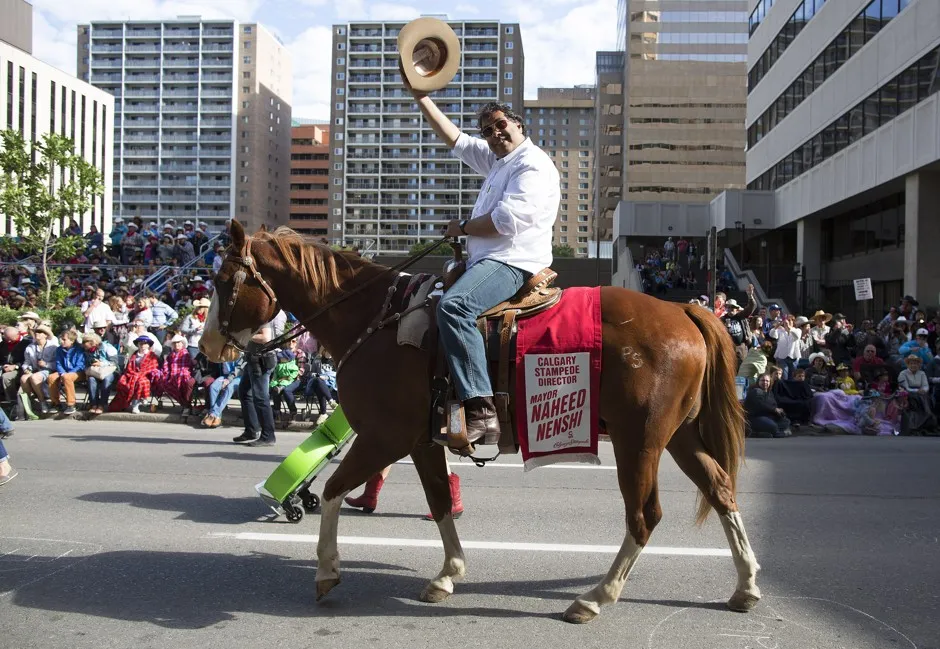 Micro-budget news outlet "The Sprawl" appeared to cover the re-election of Calgary Mayor Naheed Nenshi, seen here during the 101st Calgary Stampede parade. 