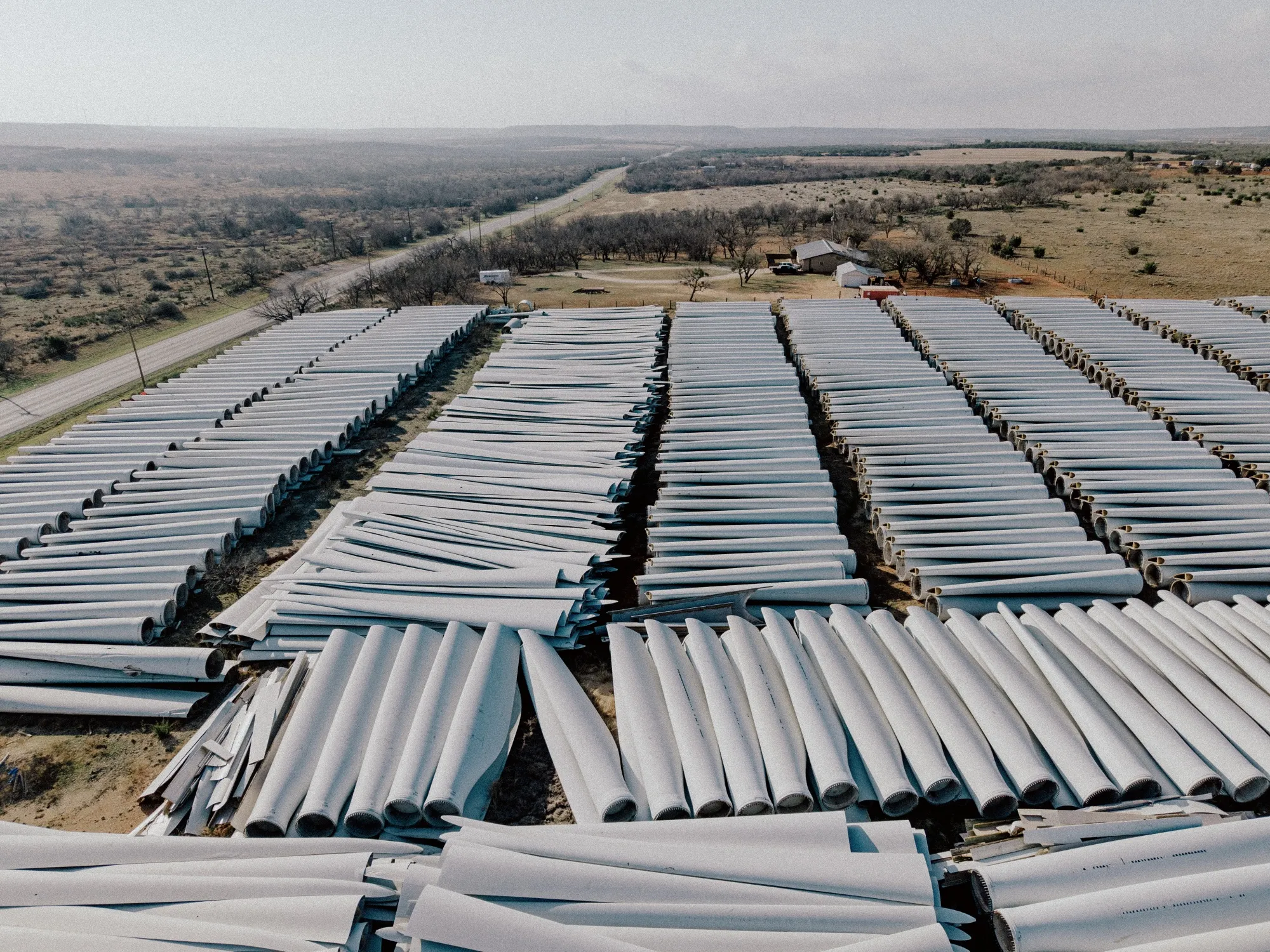 Discarded wind turbine blades next to State Highway 70 in Sweetwater, Texas.