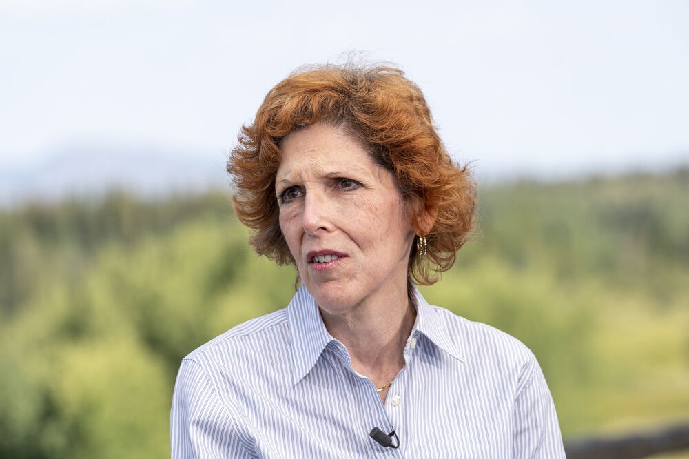 Loretta Mester, president and chief executive officer of the Federal Reserve Bank of Cleveland, speaks during a Bloomberg Television interview at the Jackson Hole economic symposium in Moran, Wyoming, US, on Friday, Aug. 26, 2022.