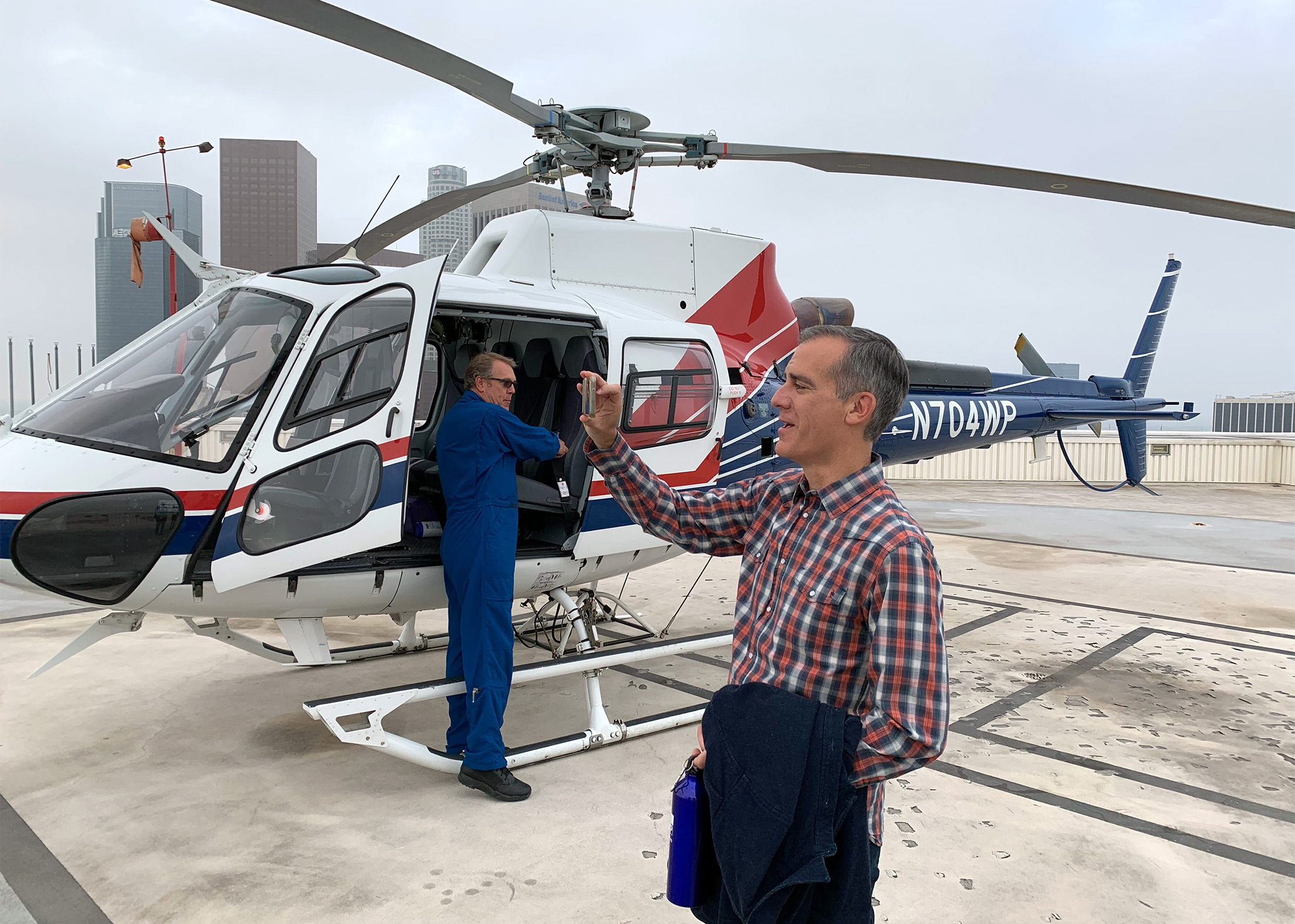 Mayor Eric Garcetti is seen on the rooftop of the LADWP building before embarking on a tour of the Eastern Sierra.