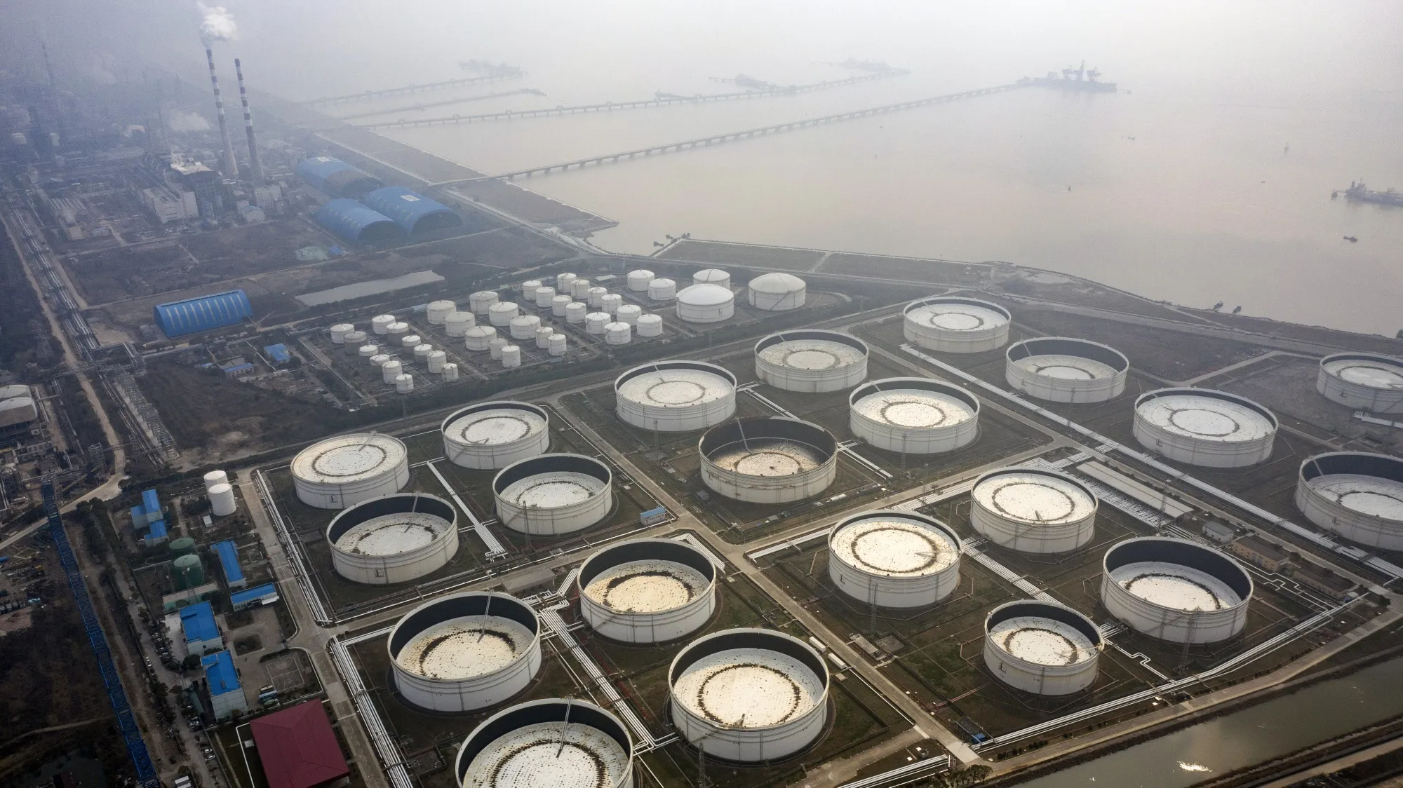 An oil and petrochemical storage facility on the outskirts of Shanghai, China.