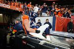 Denver Broncos offensive tackle Garett Bolles is carted off the field after an injury against the Indianapolis Colts during the second half of an NFL football game, Thursday, Oct. 6, 2022, in Denver. (AP Photo/Jack Dempsey)